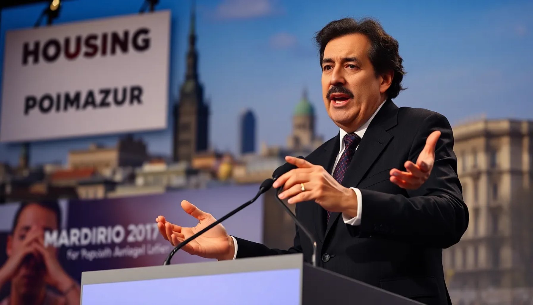 José María Aznar hablando en un mitin en Madrid, señalando la subida de precios de la vivienda en España.