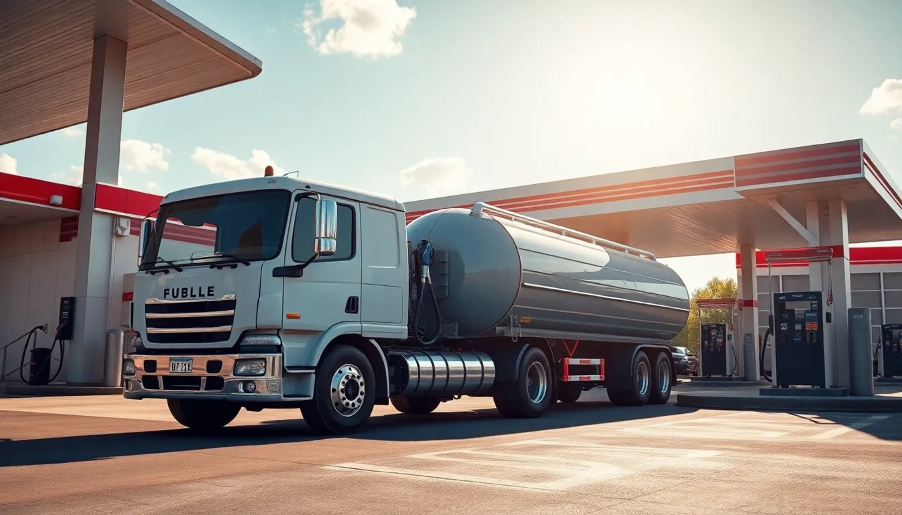 Camión de combustible repostando en una estación de servicio bajo un cielo despejado, simbolizando la reducción de precios de la gasolina.