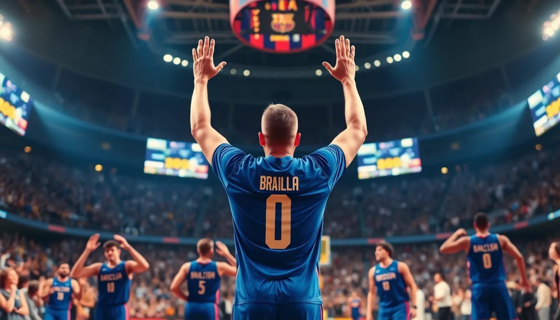 Jugadores del Barcelona celebrando su victoria 92-88 contra Estrella Roja en el Palau Blaugrana