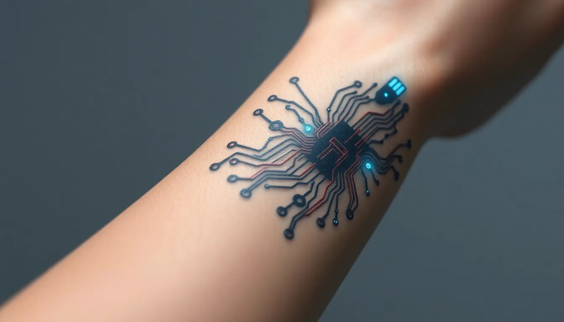 Tatuaje electrónico futurista adherido a la piel, mostrando circuitos y luces que reemplazan un smartphone