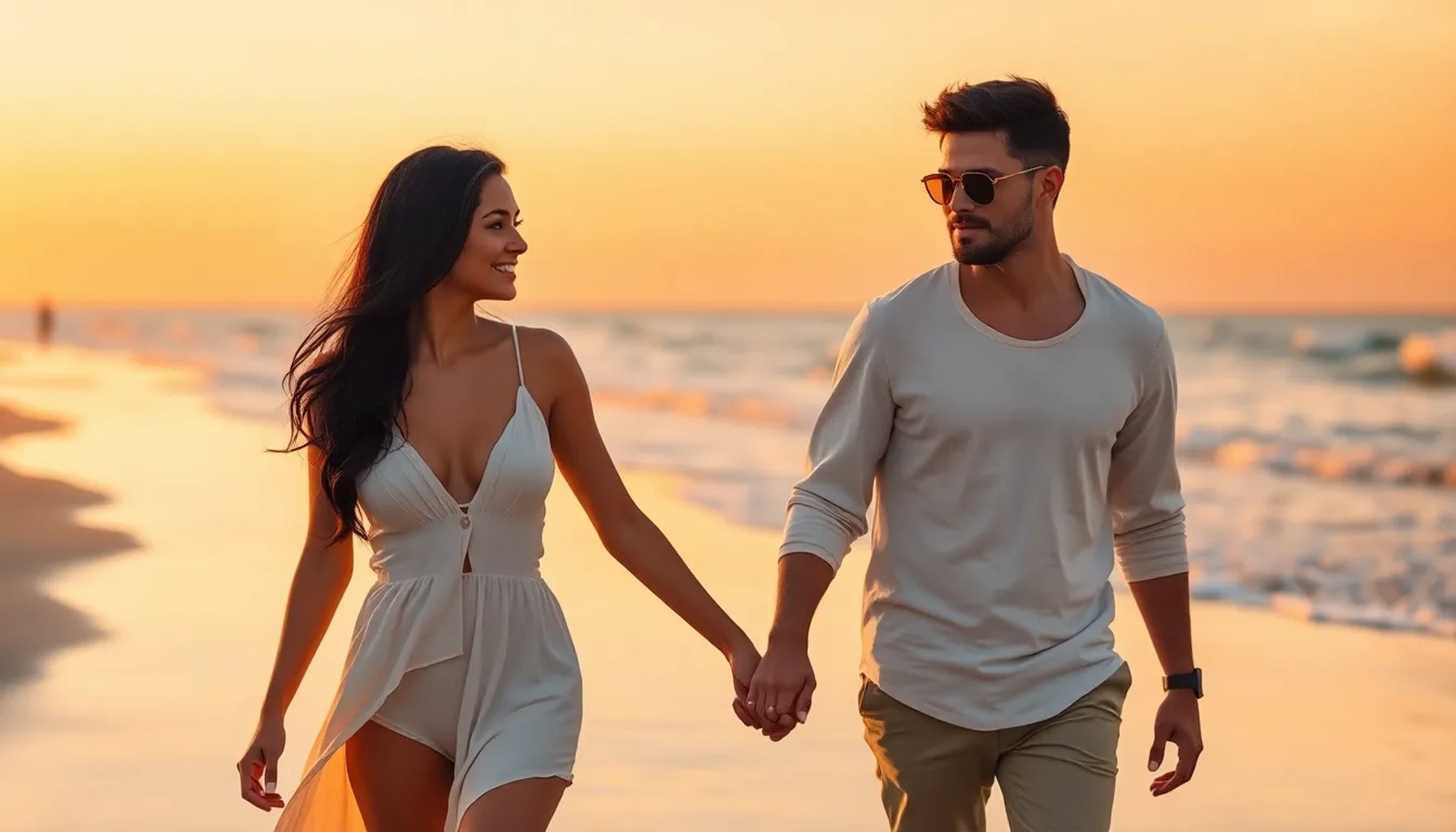 Blanca Romero y Quique Sánchez Flores caminando de la mano en una playa al atardecer, con luces suaves y fondo de mar.