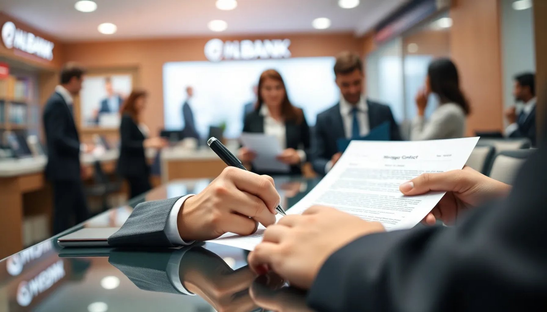 Imagen de una persona firmando un contrato de hipoteca con un fondo de una oficina bancaria