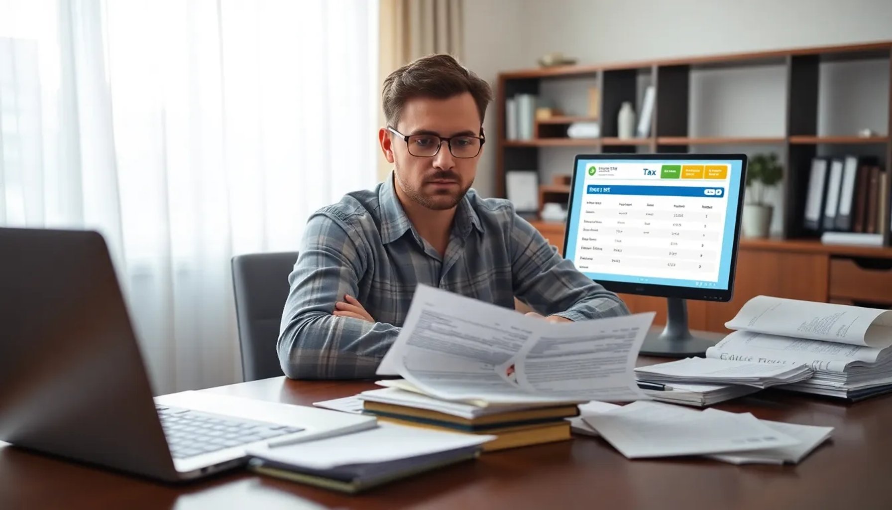 Persona revisando documentos fiscales y una computadora con la página de la Agencia Tributaria abierta