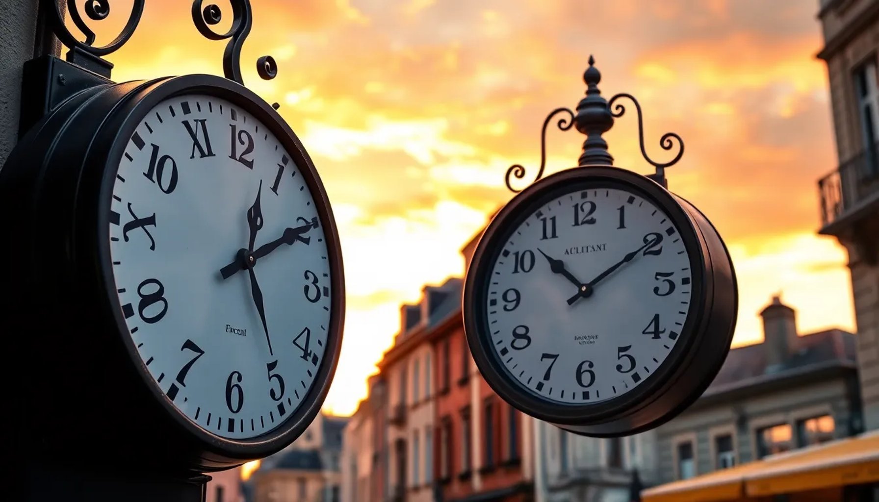 Reloj de pared con agujas adelantando una hora bajo un cielo al atardecer en una calle de Zaragoza
