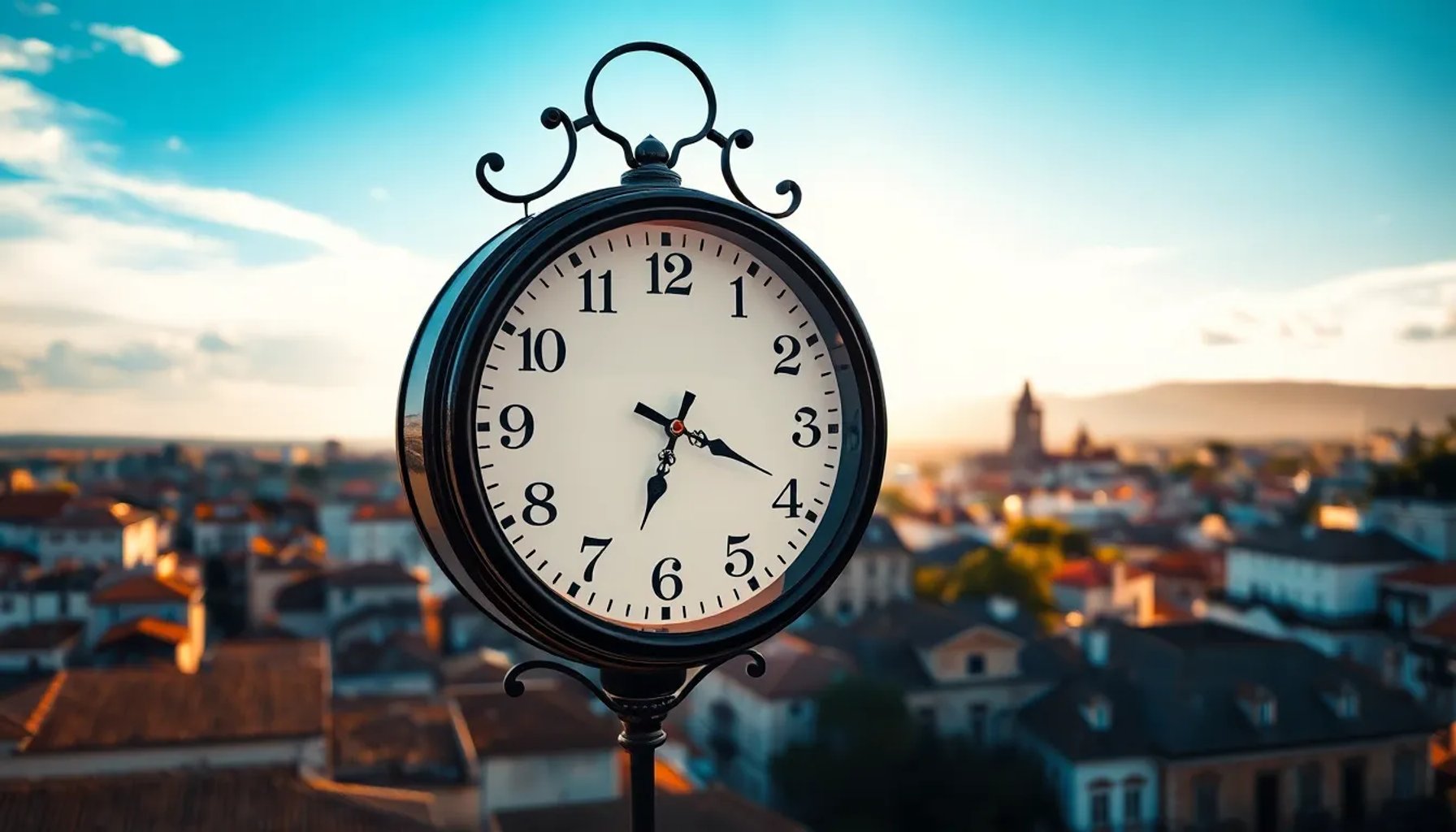 Reloj de pared adelantando una hora bajo el cielo de primavera en España