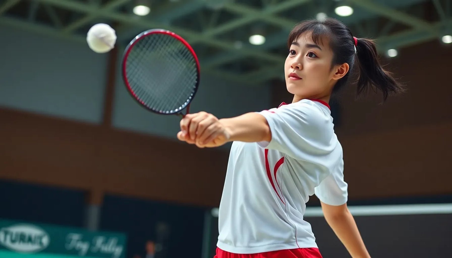 Carolina Marín sosteniendo su raqueta en una pista de bádminton, con expresión decidida