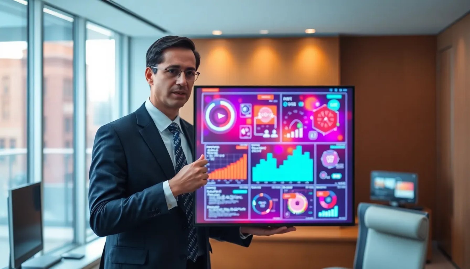 Funcionario del Gobierno de Castilla-La Mancha presentando una pantalla con gráficos de inteligencia artificial