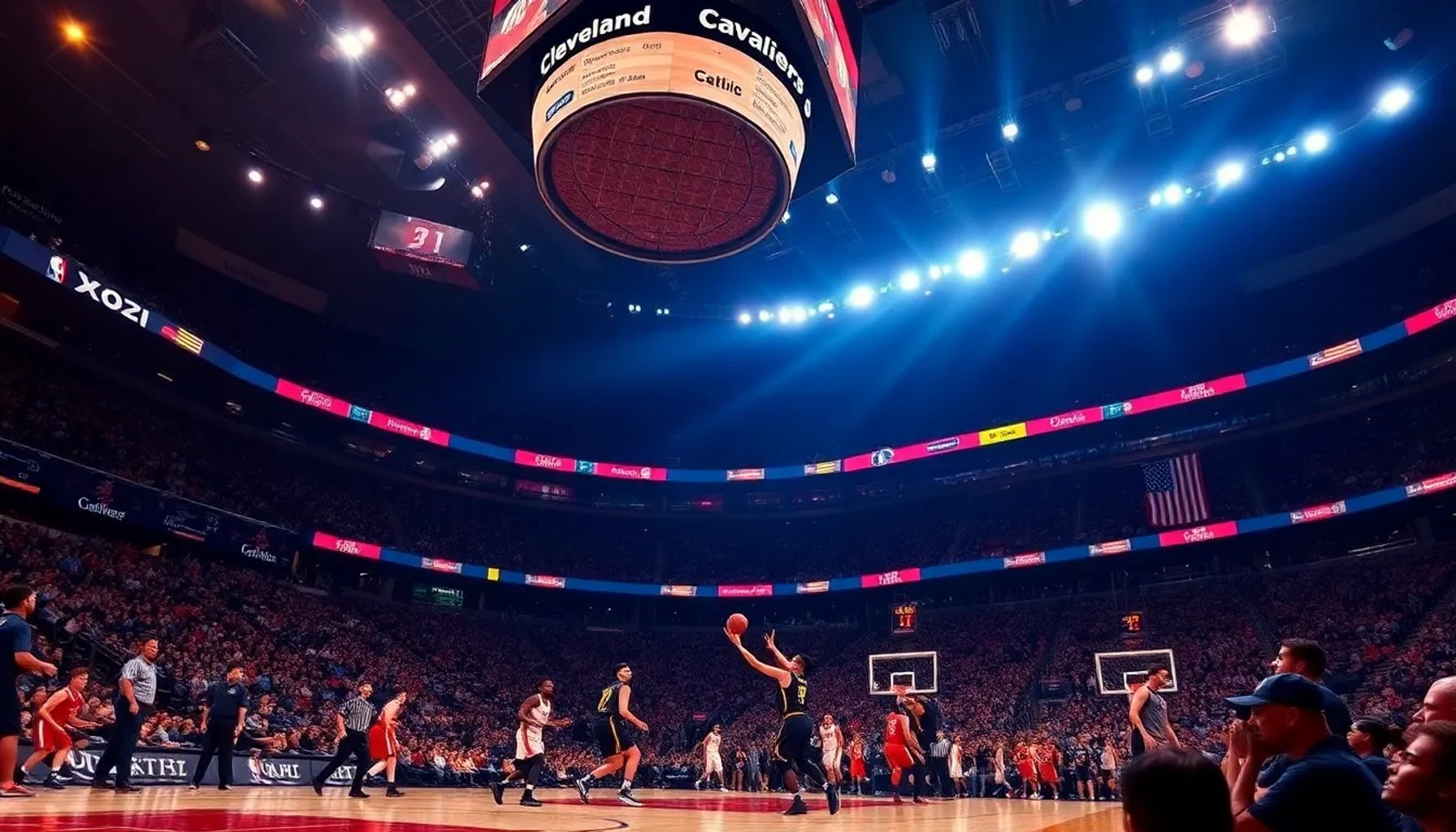 Jugadores de los Cleveland Cavaliers y Miami Heat compitiendo intensamente en la cancha