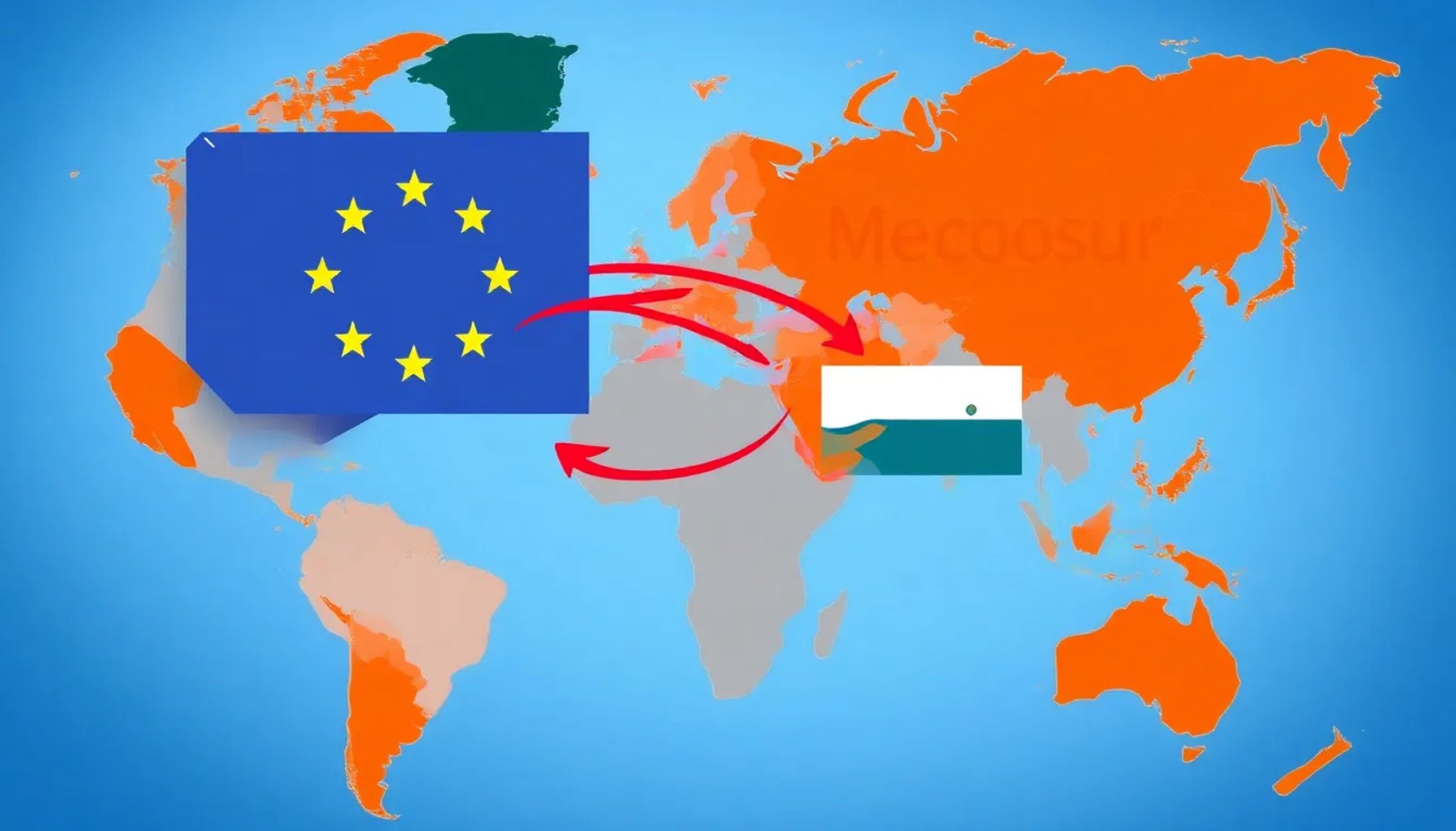 Mapa que muestra la Unión Europea y los países del Mercosur conectados por flechas que simbolizan el flujo comercial del acuerdo provisional