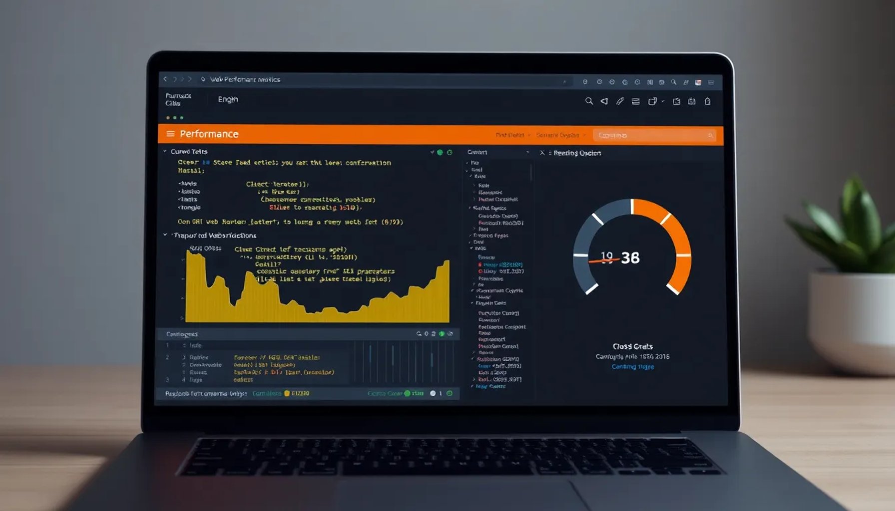 Pantalla de computadora mostrando métricas de rendimiento web y código de optimización