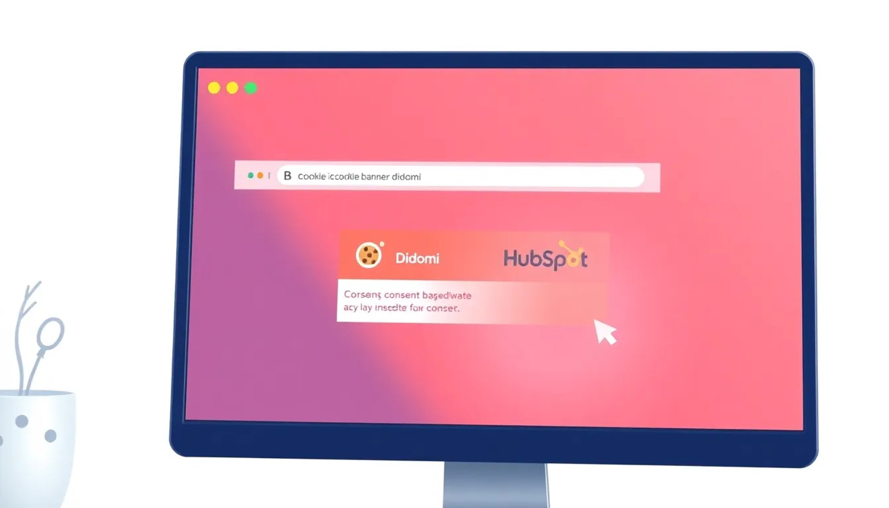 Ilustración de un navegador web mostrando la eliminación de cookies de HubSpot bajo un aviso de consentimiento