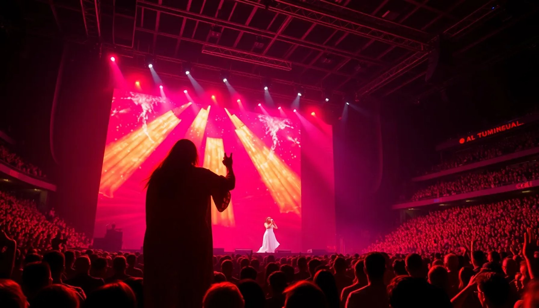 Rosalía actuando en el escenario del Movistar Arena de Madrid bajo luces vibrantes