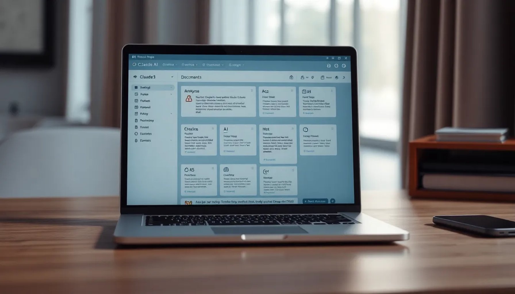 Pantalla de laptop mostrando la interfaz de Claude analizando varios documentos en un notebook digital