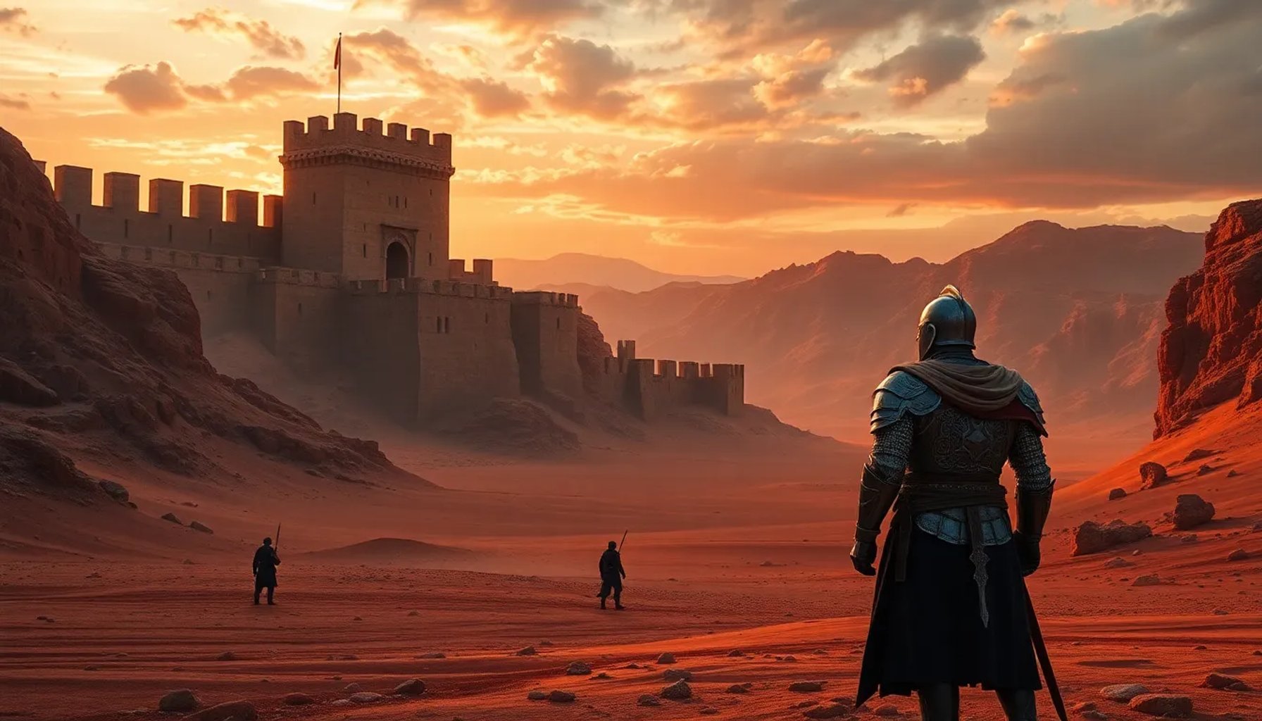 Escena fotorrealista del desierto de Crimson Desert con una fortaleza que recuerda a Trujillo y un guerrero observando el horizonte