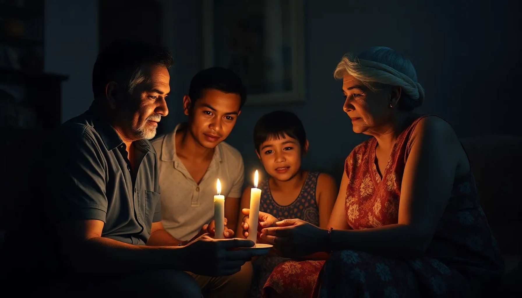 Imagen de una familia cubana a la luz de una vela durante un apagón nocturno