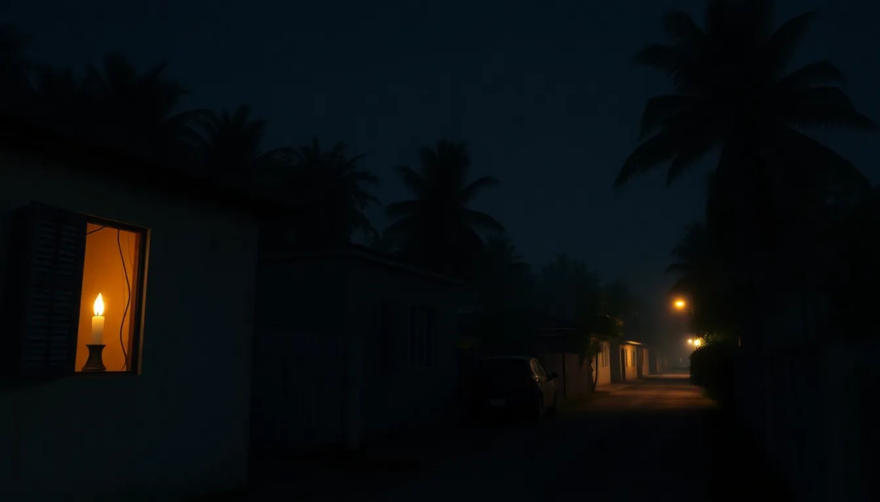 Vivienda cubana iluminada únicamente por una vela durante un apagón nocturno