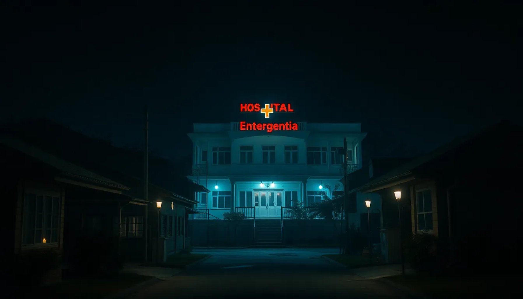 Vista nocturna de un hospital cubano iluminado mientras casas vecinas permanecen a oscuras