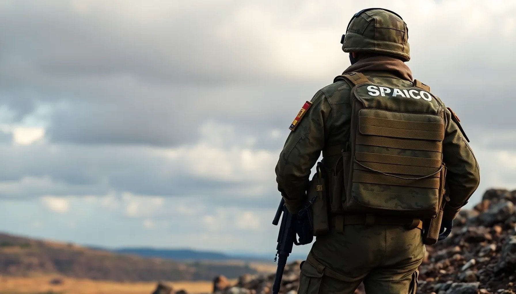 Soldado español en uniforme de camuflaje observando el horizonte bajo un cielo nublado, simbolizando el alto riesgo de la profesión militar
