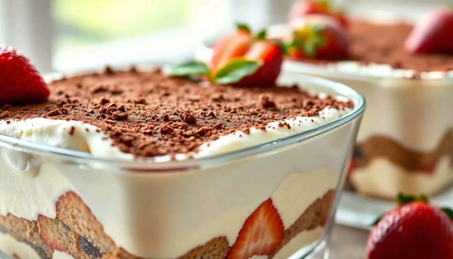 Delicioso tiramisú sin café en un vaso de cristal, con capa de cacao y fresas