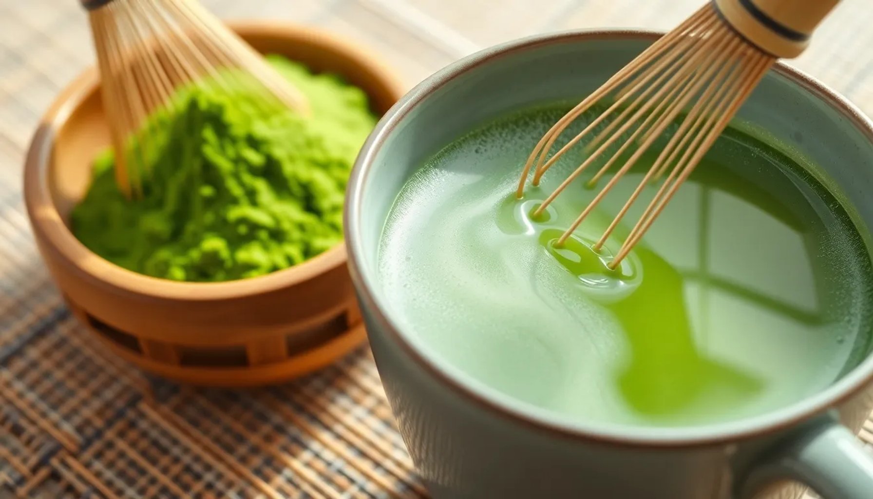Taza de matcha verde humeante sobre una tabla de madera con polvo de té a un lado