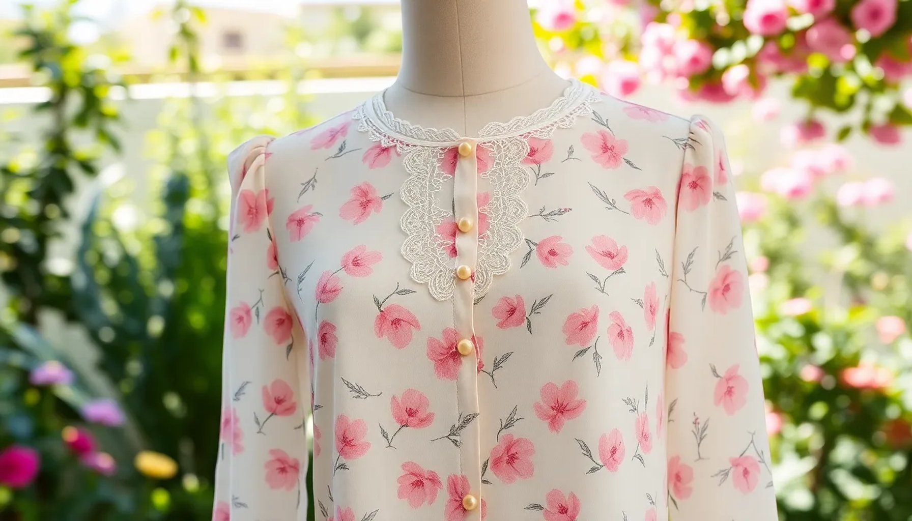 Blusa romántica de la colaboración Willy Chavarria x Zara con estampado floral pastel en un entorno primaveral