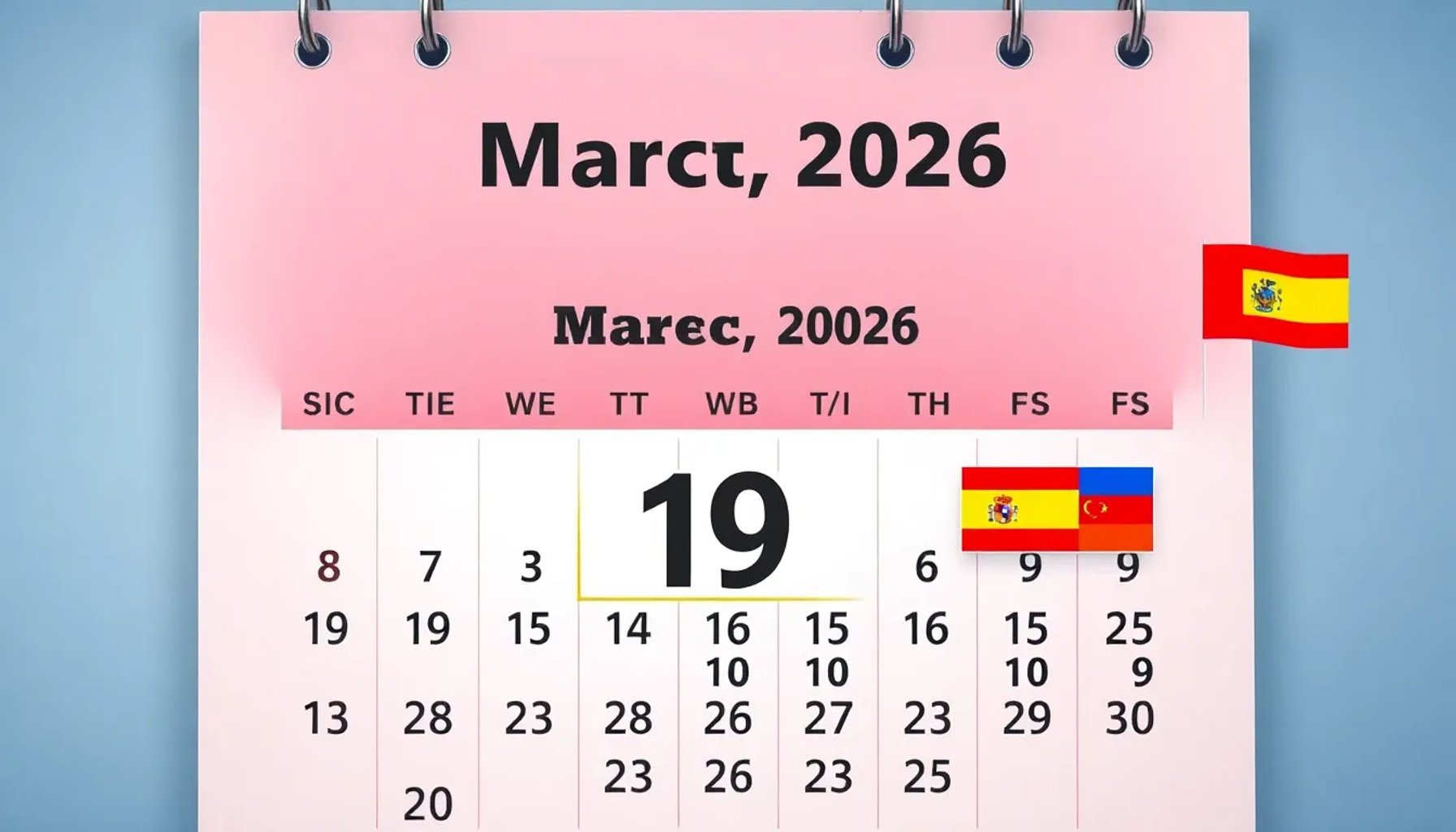 Calendario español del 19 de marzo de 2026 resaltado como día festivo en varias comunidades autónomas