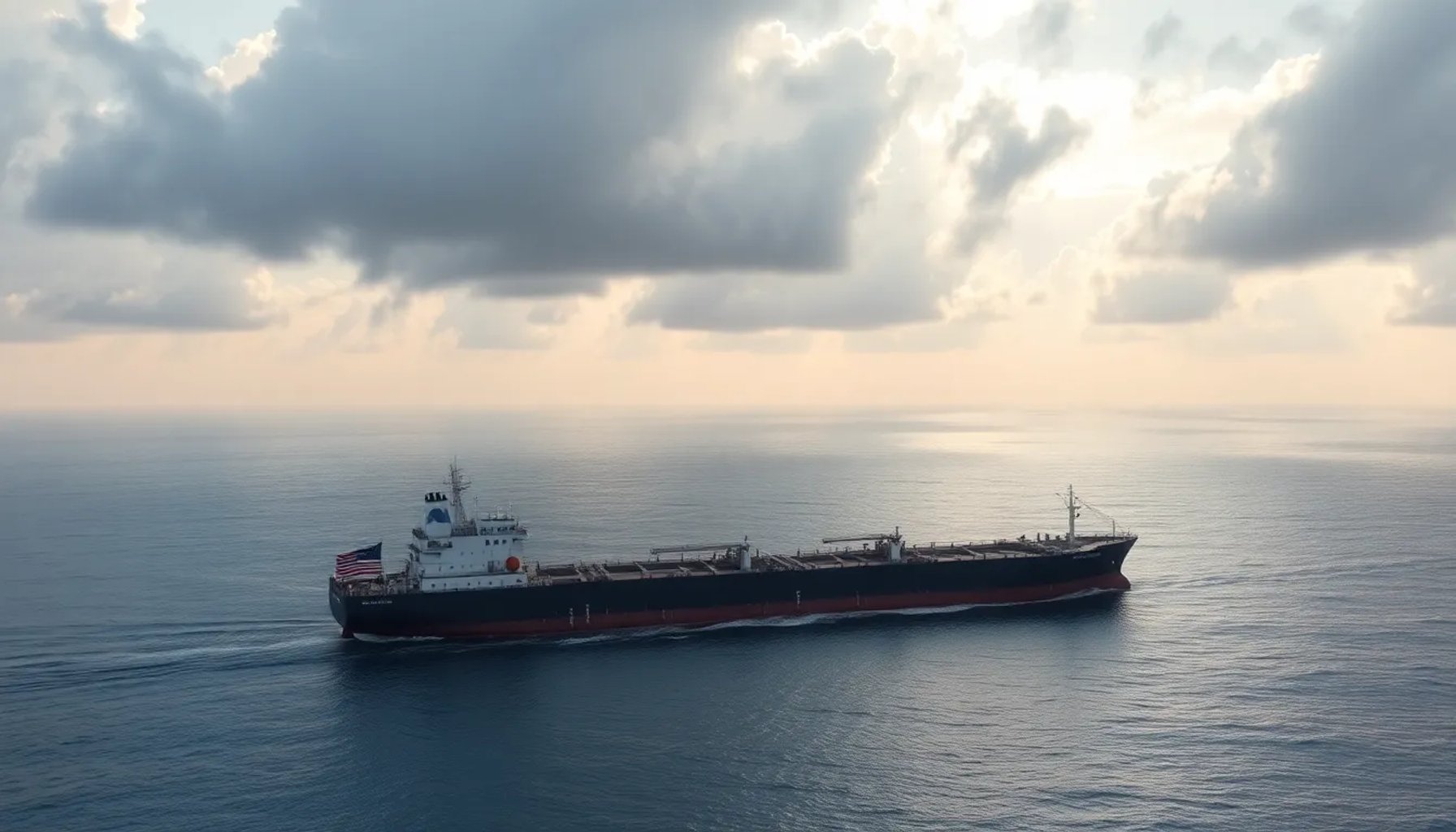 Imagen que muestra un buque petrolero navegando bajo un cielo nublado cerca del estrecho de Ormuz, con banderas de EE. UU. y Rusia en el horizonte.