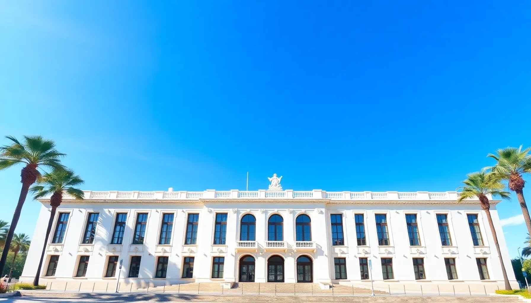 Imagen del edificio del Tribunal Superior de Justicia de Andalucía bajo un cielo azul de verano