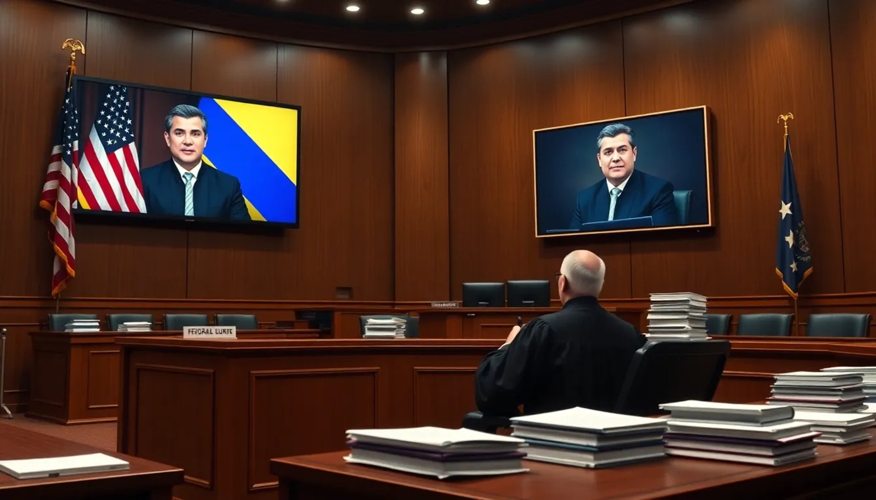 Juez estadounidense en una corte federal revisando documentos mientras se menciona a Nicolás Maduro