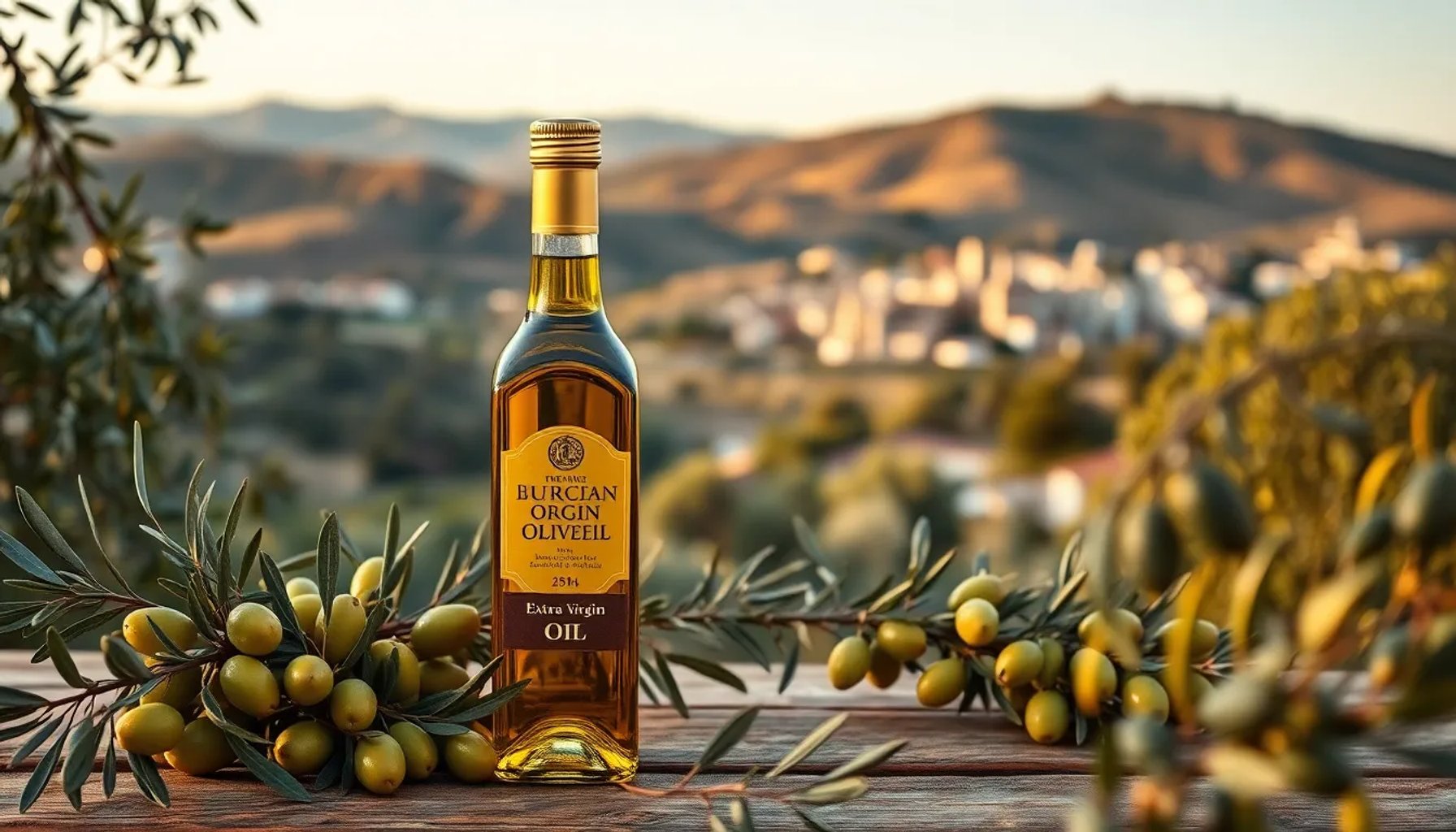 Botella de aceite de oliva virgen extra con etiqueta dorada sobre fondo de olivares al atardecer en un pueblo cordobés