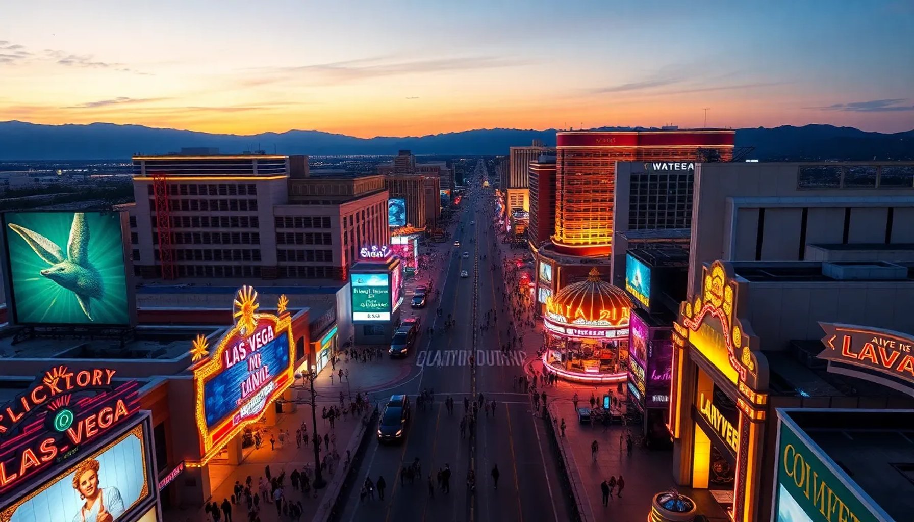 Vista panorámica del Strip de Las Vegas al atardecer, con luces brillantes y turistas de diferentes grupos disfrutando la ciudad.