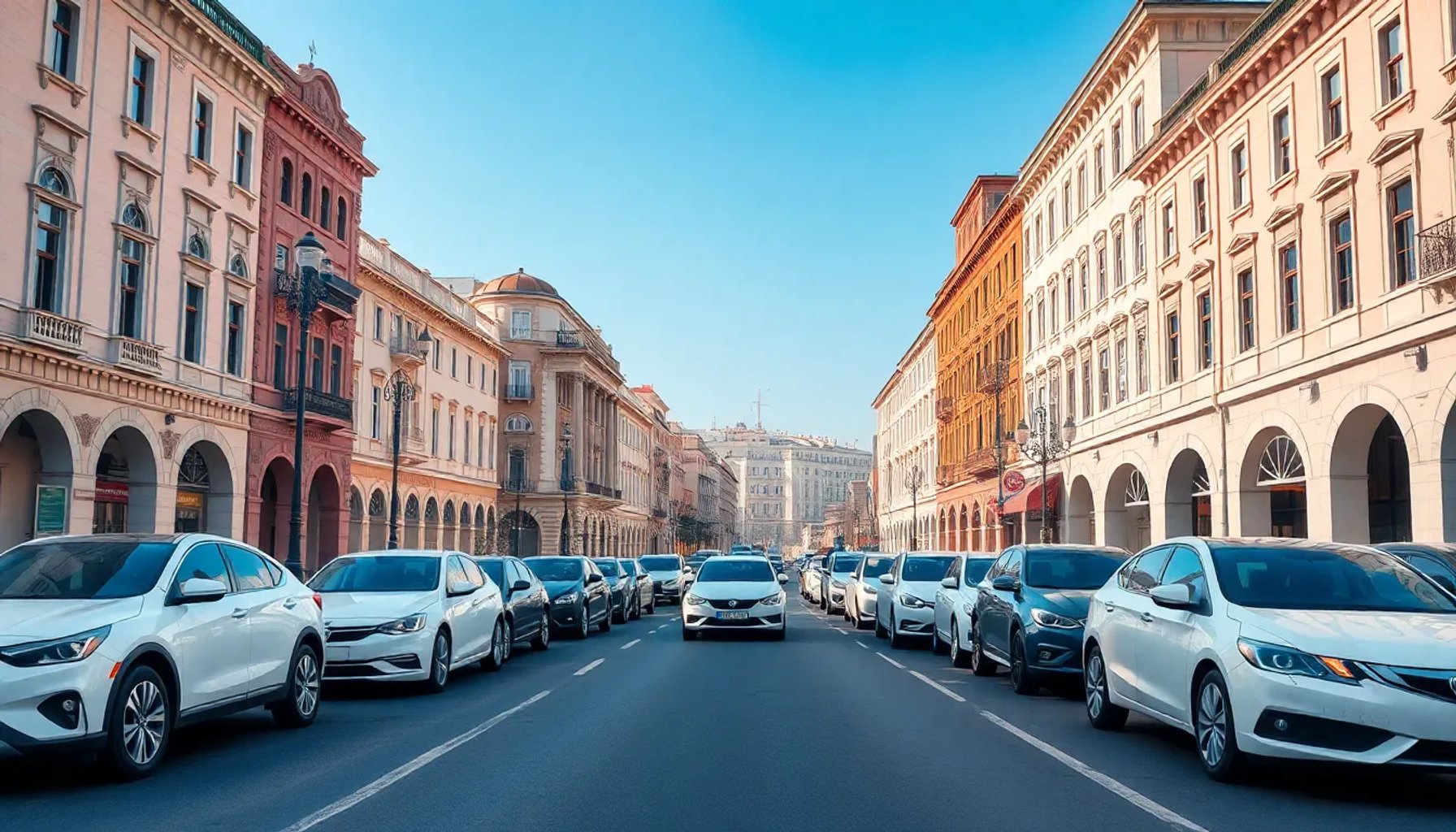 Calle de la capital con una fila de coches blancos bajo un cielo azul brillante