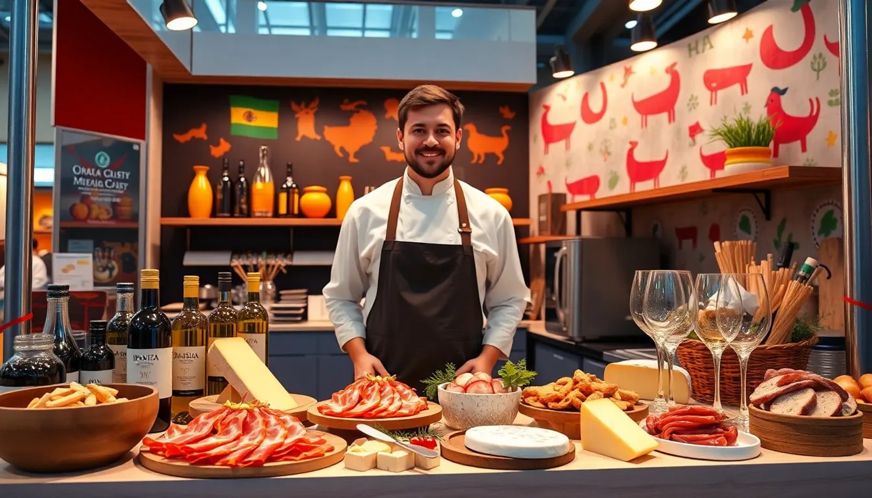 Chef español presentando una tabla de productos gourmet españoles en una feria gastronómica en la Ciudad de México