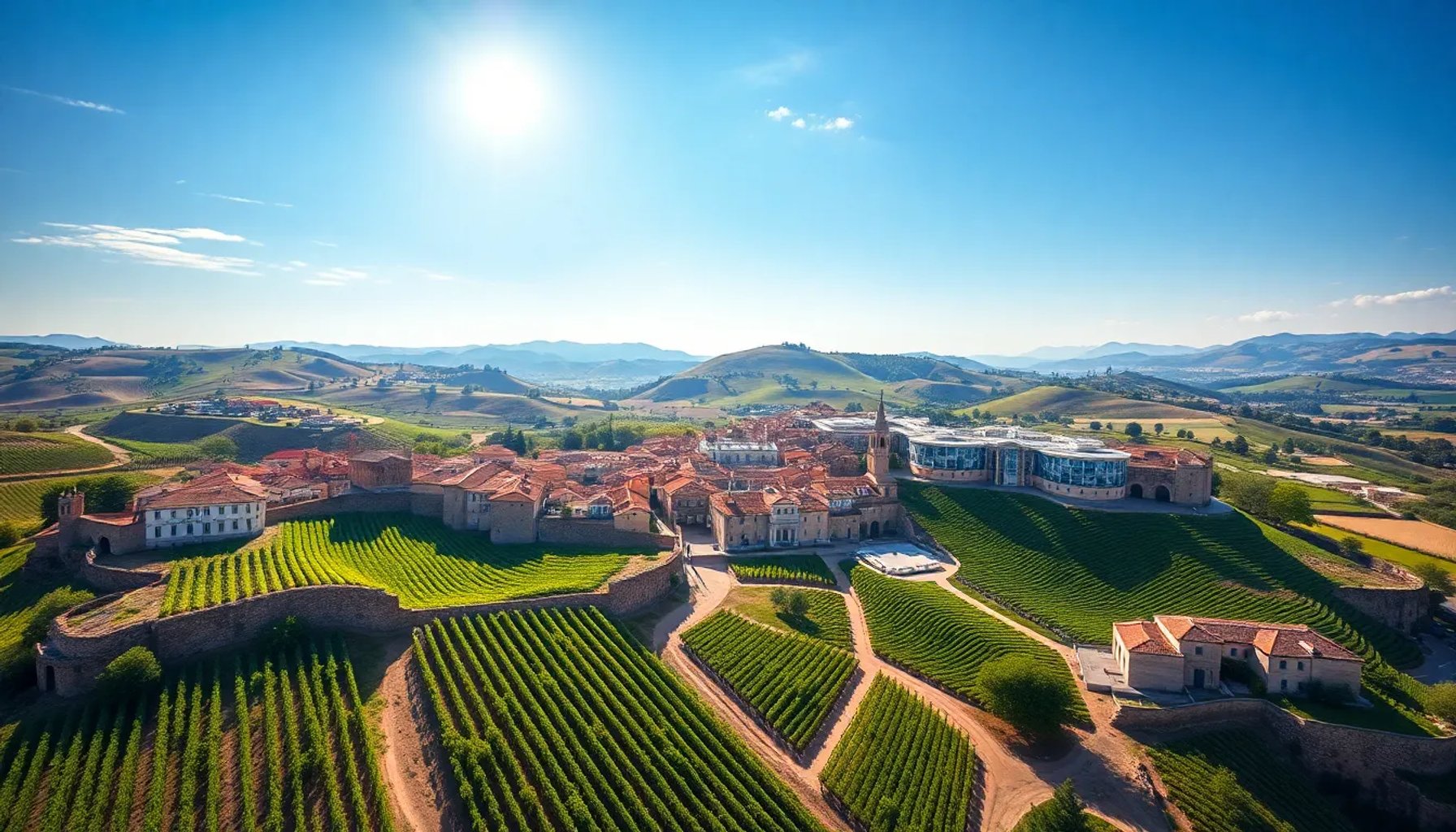 Vista panorámica de los viñedos y la arquitectura histórica de La Rioja bajo un cielo azul