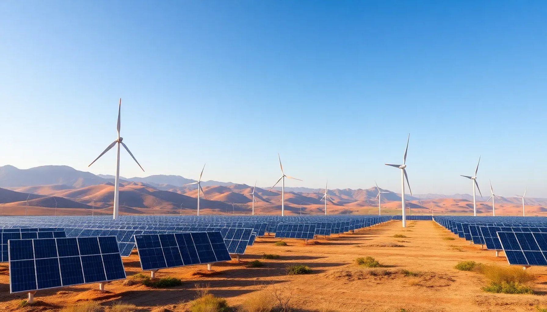 Panorama de un parque eólico y solar en la campiña española bajo un cielo azul brillante