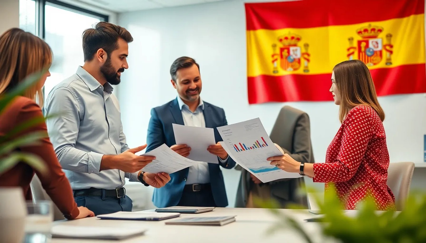 Imagen de empresarios españoles revisando documentos financieros junto a gráficos de crecimiento