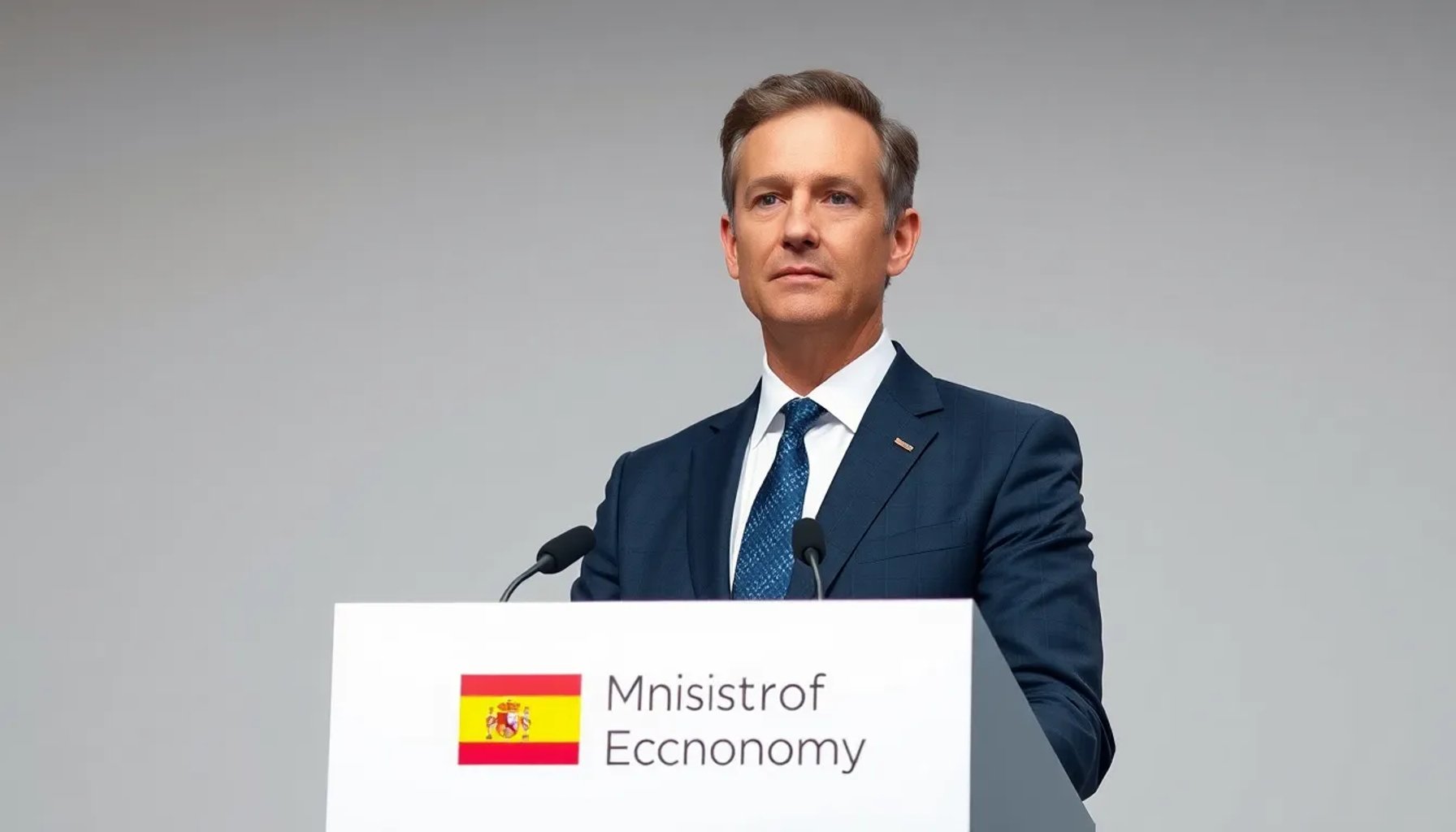 El ministro Carlos Cuerpo hablando en una rueda de prensa frente al logo del Ministerio de Economía