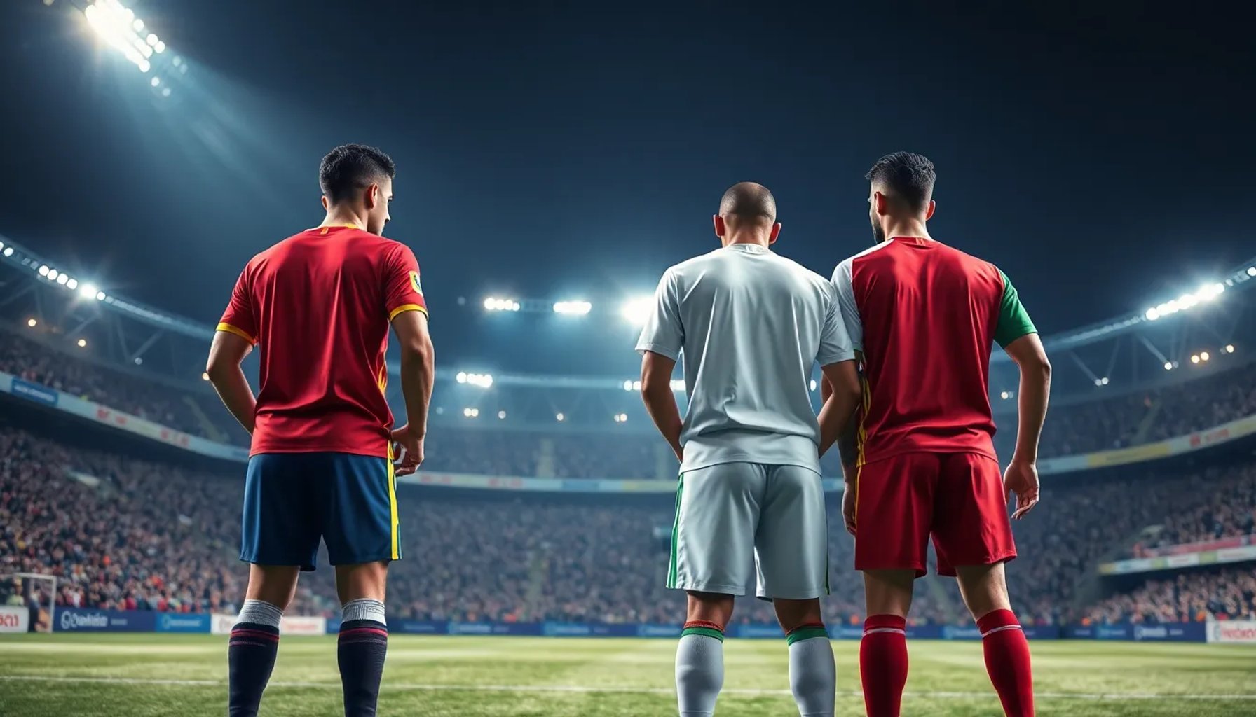 Jugadores de la selección española y egipcia alineados en el estadio bajo luces nocturnas, listos para el partido amistoso.
