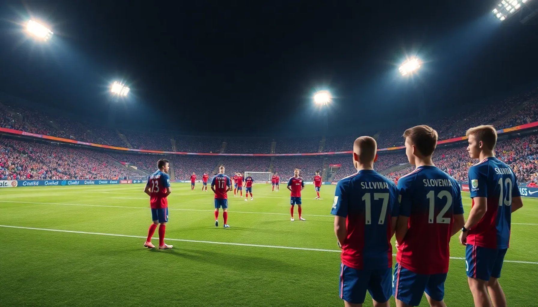 Imagen del estadio iluminado con jugadores de la selección sub‑19 de España y Eslovenia preparándose para el partido