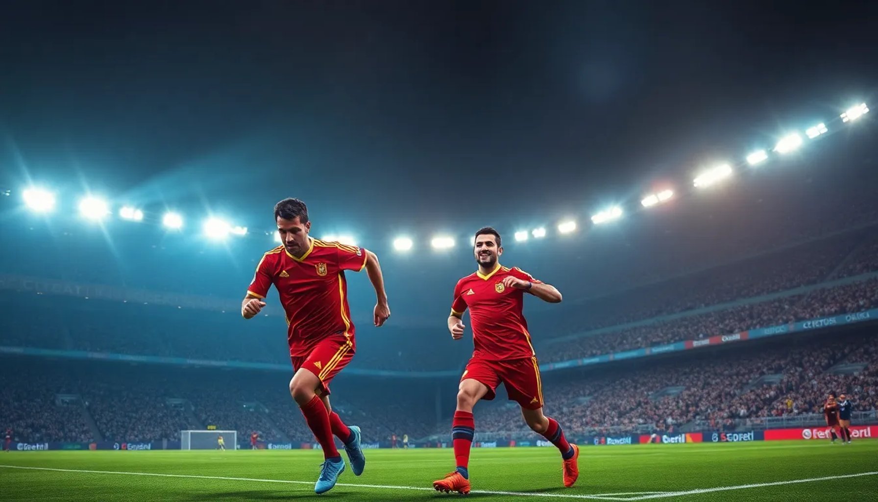 Imagen del estadio iluminado con jugadores de España y Serbia preparándose para el partido