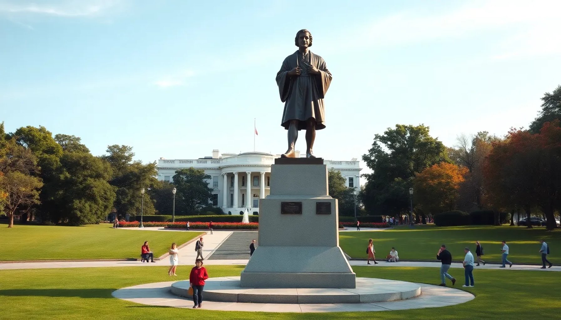 Estatua de bronce de Cristóbal Colón reinstalada en un parque cercano a la Casa Blanca, rodeada de visitantes y placas informativas.