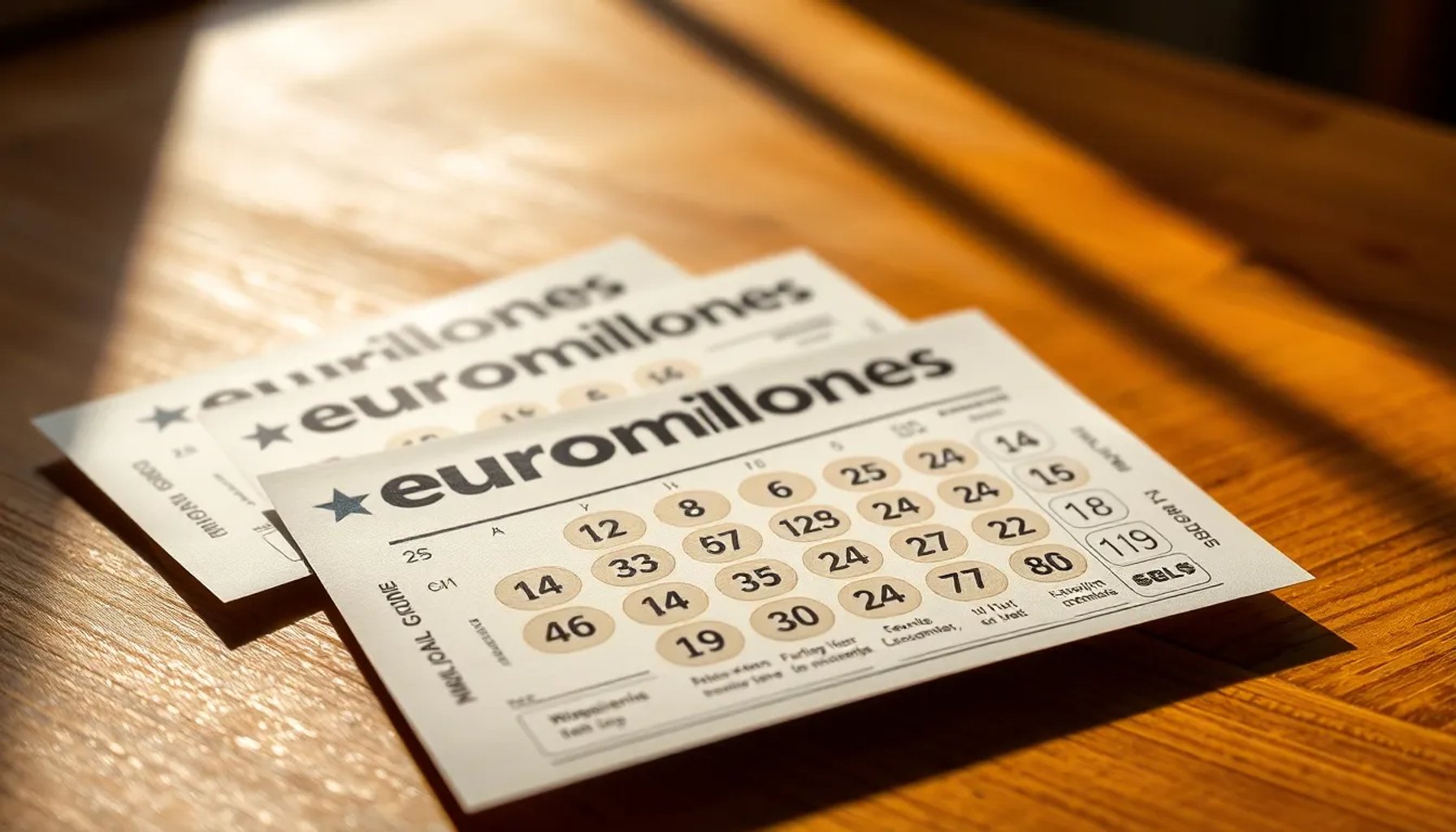Billetes de Euromillones sobre una mesa con números y estrellas brillantes