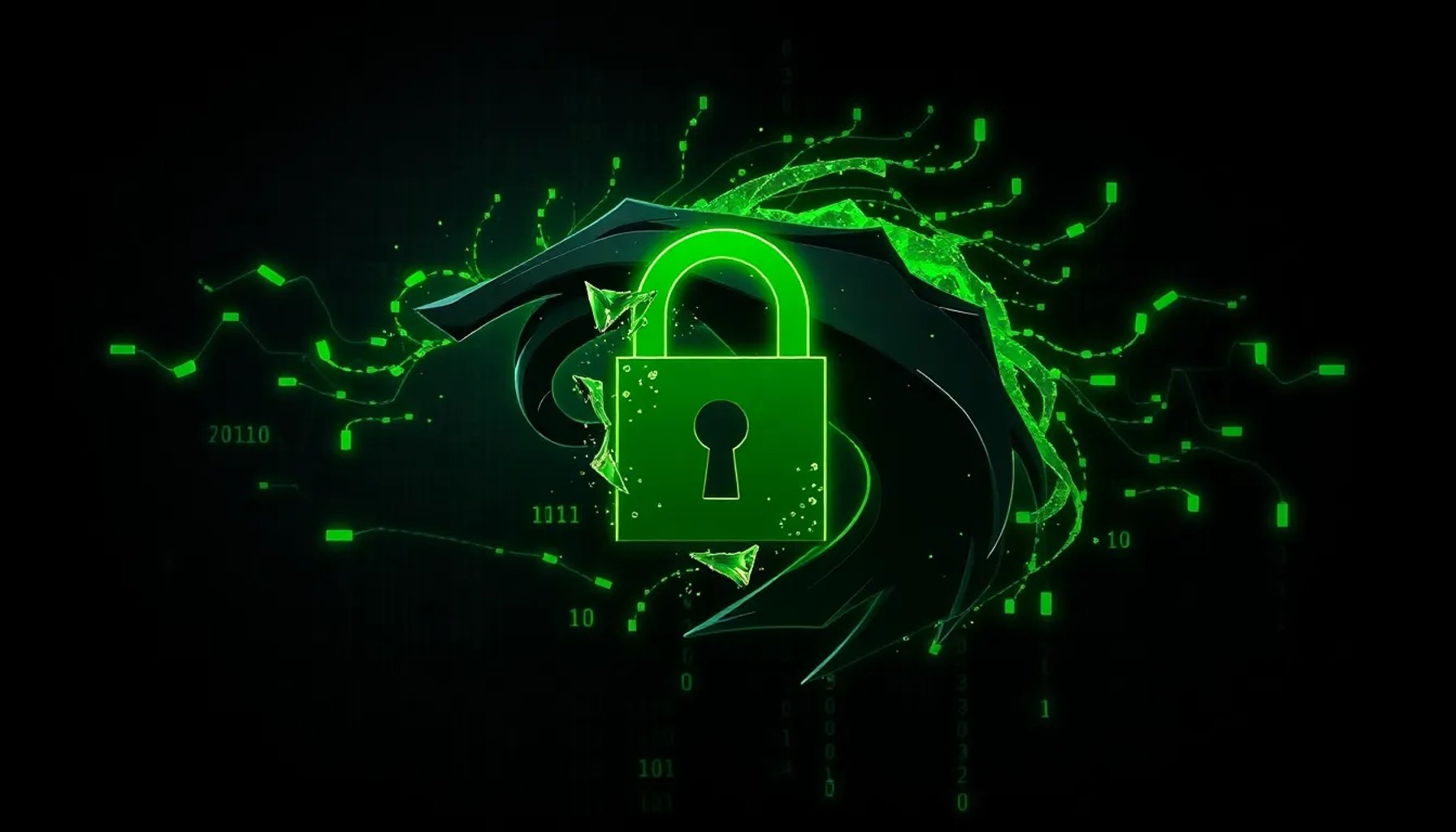 Imagen del logo de NVIDIA Nemoclaw con símbolos de candado roto y código binario