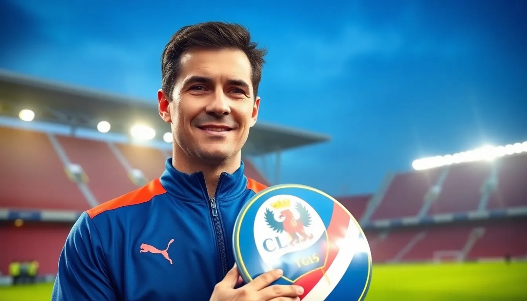 Francisco Delgado alzando la mano sobre el escudo del club, símbolo de la histórica clasificación a la Copa de España Juvenil