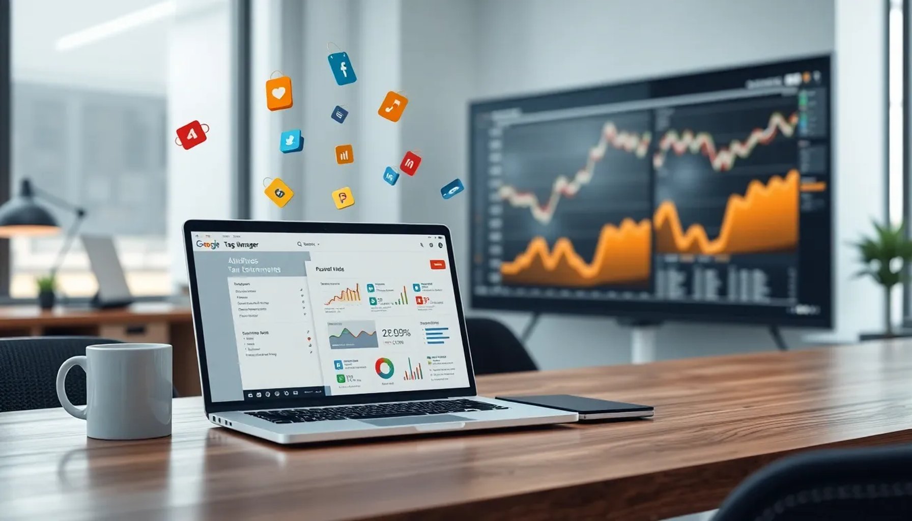 Pantalla de ordenador mostrando una consola de Google Tag Manager con etiquetas y métricas de análisis