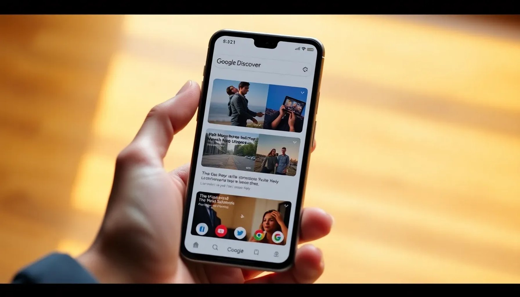 Pantalla de móvil mostrando la interfaz de Google Discover con varios artículos de noticias destacados