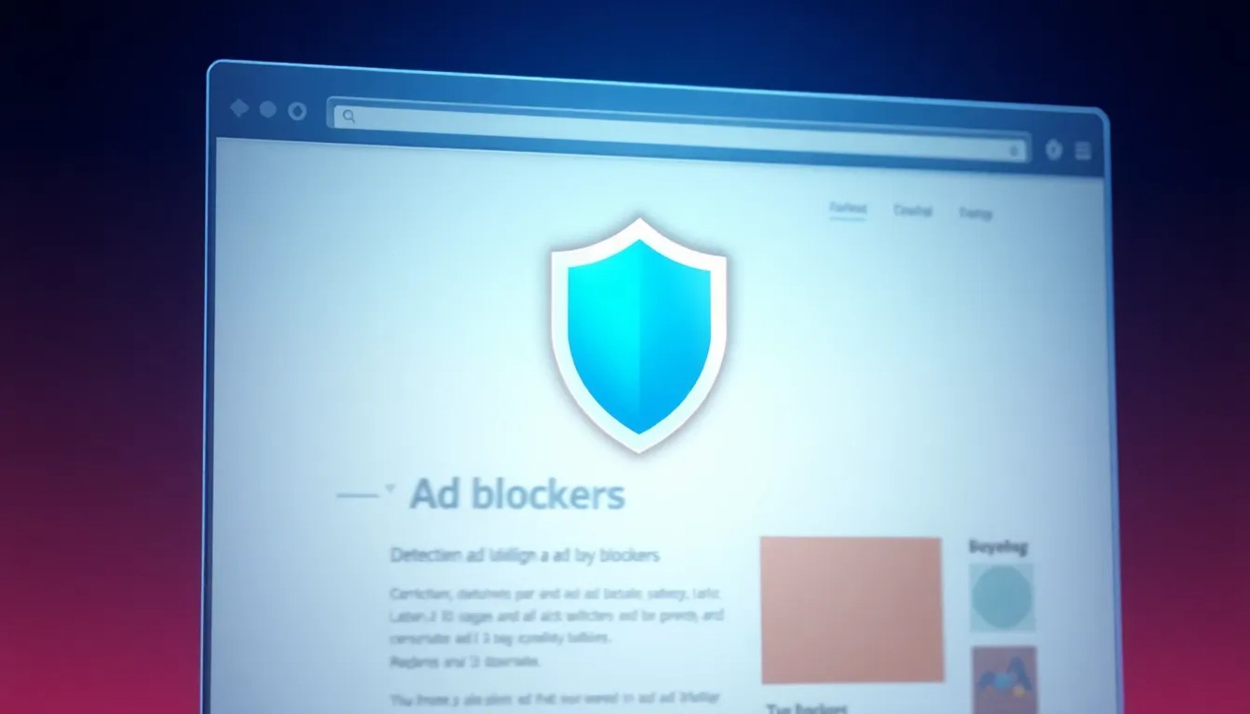 Ilustración que muestra un navegador web con un escudo detectando bloqueadores de anuncios mientras aparecen anuncios en la pantalla