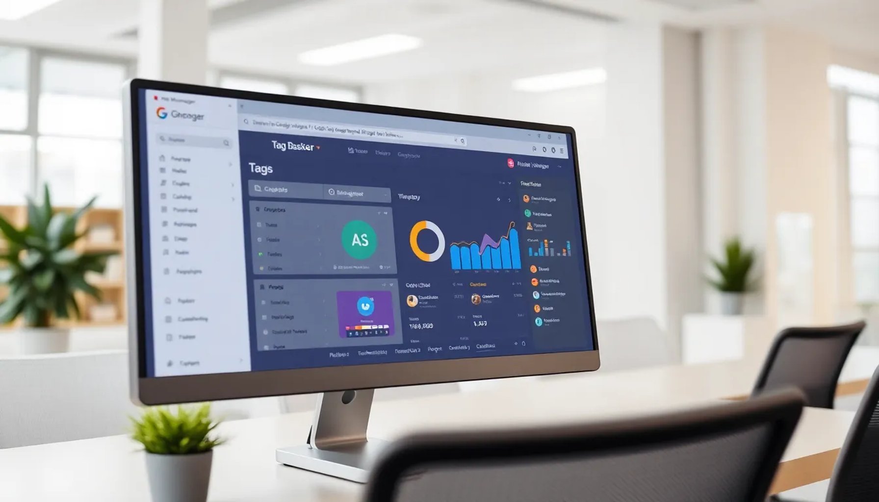 Pantalla de ordenador mostrando la interfaz renovada de Google Tag Manager con gráficos y opciones de etiquetas.