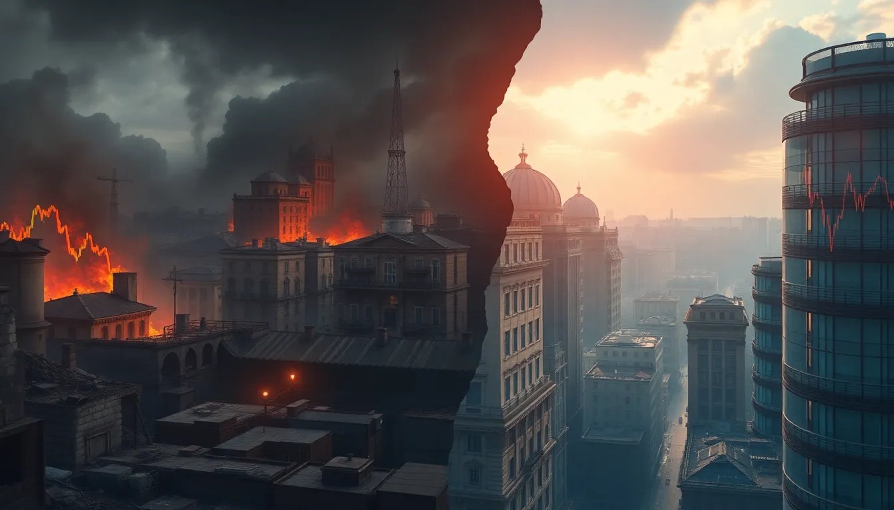 Mapa que muestra Irán y España con gráficos de caída del PIB y precios de energía