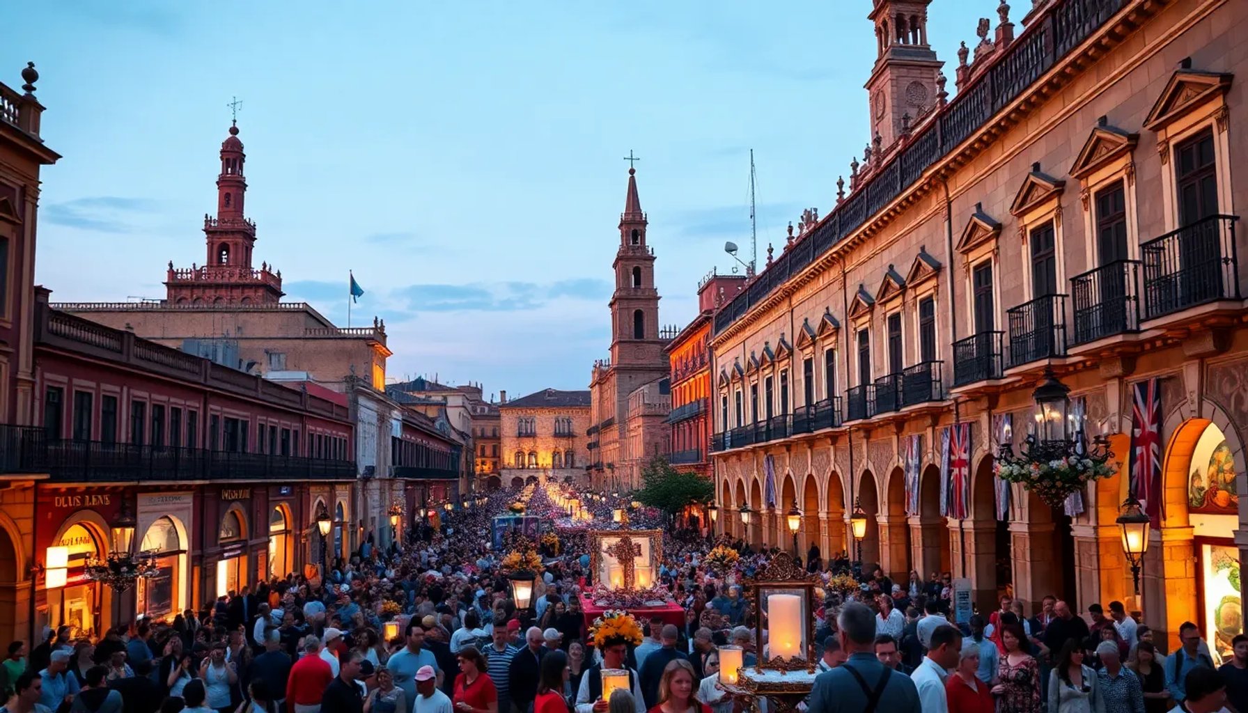 Vista panorámica de la ciudad de Sevilla durante la Semana Santa, con procesiones iluminadas y calles llenas de gente